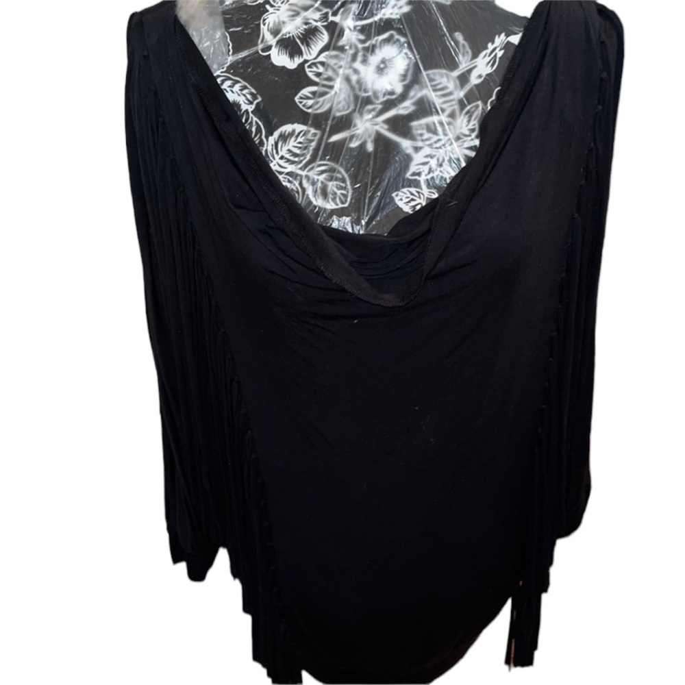 Micheal Kors size large black 3/4 sleeve fringe top ,draped neckline banded hem